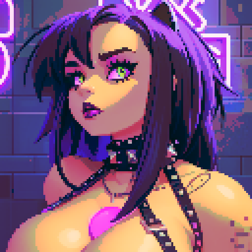 curvy, busty goth babe with studded collar. Nude big titty goth cat girl , in a close up nude glamour shot. Neon lighting, modern tile backsplash.