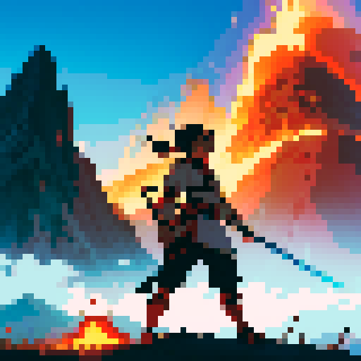 Anime warrior on an adventure with a volcano in the background. The warrior is holding a sword. 