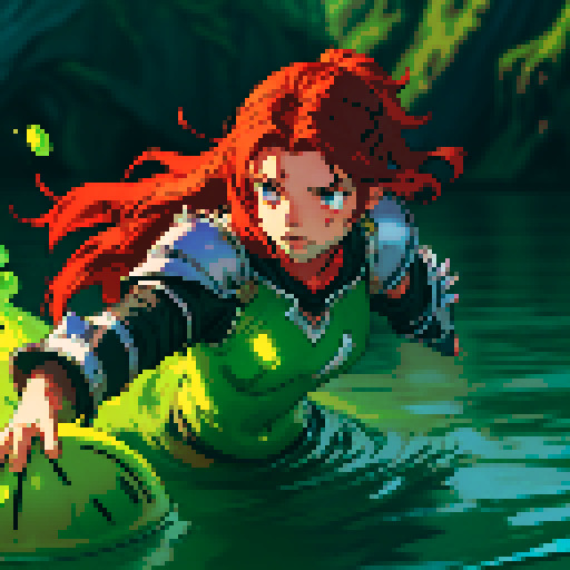 hero sinking into slime, hero drowning in slime, hero has red hair, hero has silver armor