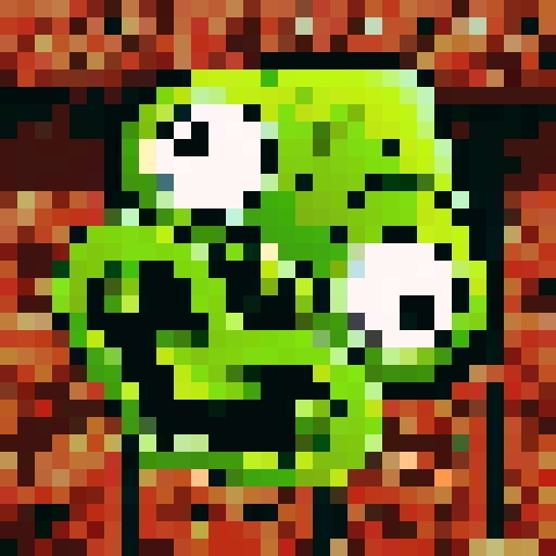A twisted green Hei Tiki head, wide-eyed and contorted, exuding a mix of mischief and madness, stylized with bold lines and exaggerated features with dark brown māori carving background.  as a 32x32 pixel game icon, rendered with skillful pixel art in sRGB colors