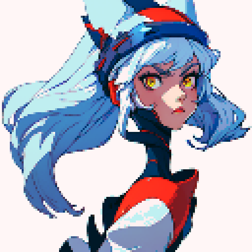 anthropomorphic fox woman reploid, white hair, yellow eyes, red helmet, blue headstone, white tail, clawed feet, sRGB, pixel art