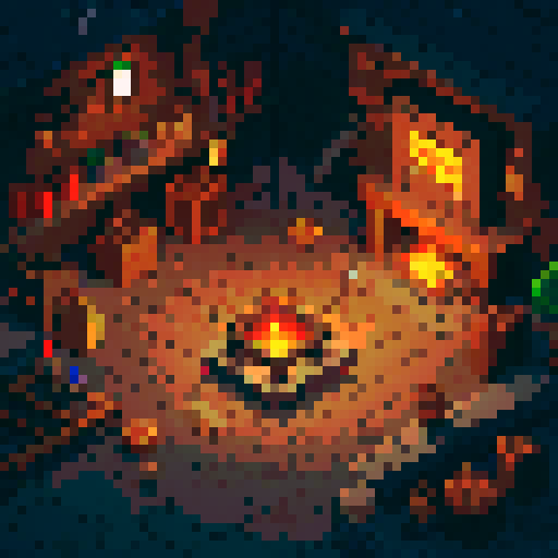 birds eye view, blacksmith shop, pixel art, sRGB, glowing ember-filled forge, sparks flying from an anvil, sturdy iron anvils, molten metal swirling in a crucible, hammers striking red-hot steel, intricately designed swords and axes, glowing red coals in a brick furnace, leather aprons and thick gloves, shelves lined with neatly organized tools and materials