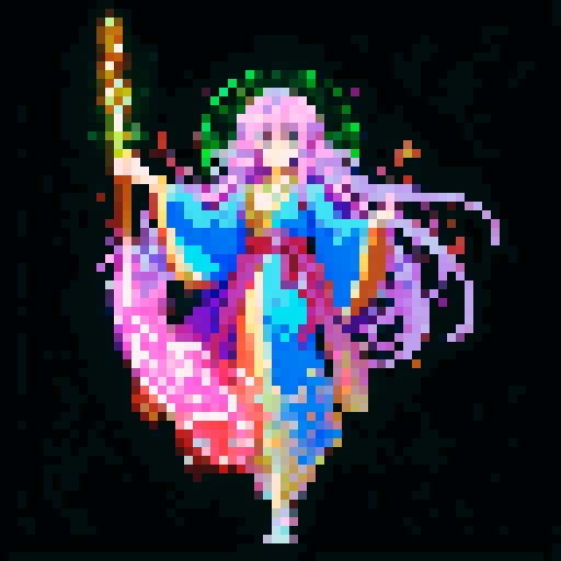 legendary anime girl wizard, long flowing hair, vibrant and dynamic colors, glowing magical staff, intricate and ornate robes, intense and focused expression looking to the right, not wearing shoes, sparkling and shimmering background, detailed and precise pixel art

