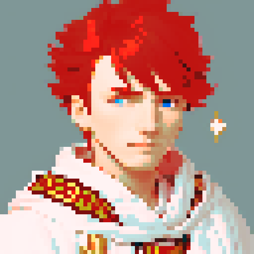 red headed male wizard with regal white robes, adorned with astrological symbols, in a pixel art style with vibrant sRGB colors