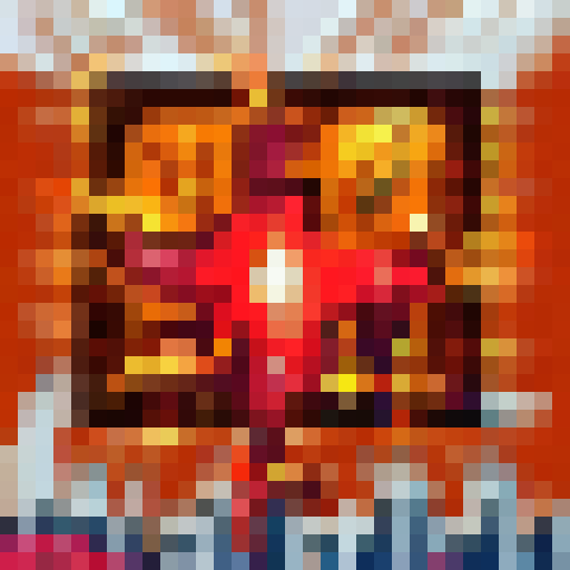 A vibrant, bustling cityscape with towering skyscrapers, bustling streets filled with neon lights and bustling crowds, all rendered in a pixelated, 32x32 skill art style.