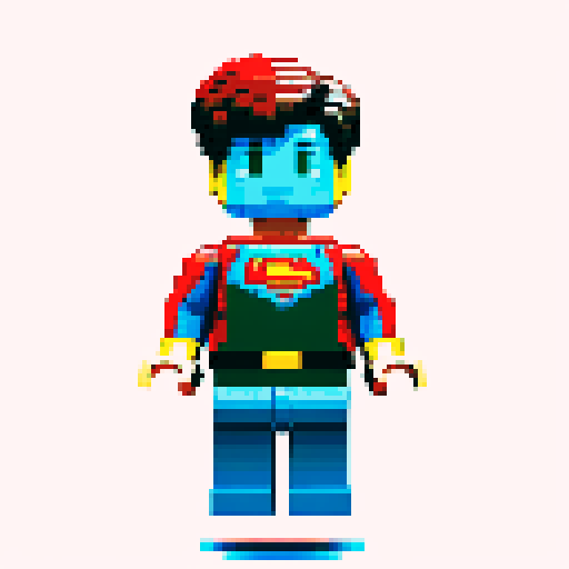 superman flying, vibrant pixelated red and blue costume, blocky lego-like figure, retro video game-inspired artwork, bold primary colors, sRGB color space