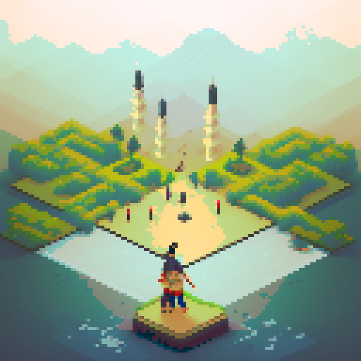 Samurai warrior, side shot, long road, reflecting pond, cherry blossom trees, Chinese pagodas, pixel art
