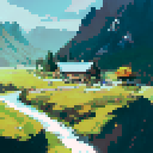 Snow-capped peaks loom behind a sleek, futuristic science lab nestled in the rugged alpine terrain, with icy streams winding through the breathtaking landscape.