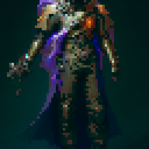 a soldier dressed in a majestic celestial cloak with vibrant and deep colors.  wielding an oversized spear that looks radioactively glowing purple.  the soldier also has full face helmet made from the same material as the spear that has a flowing mane on top of the helmet that looks exactly like the cloaks colors..