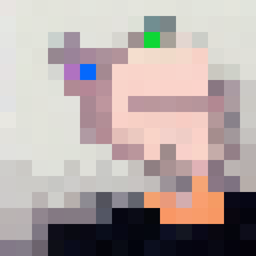 Neon-lit cyberpunk portrait with vibrant hues of electric blue, hot pink, and acid green in a 16x16 pixel art style.