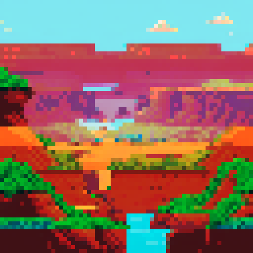 Desert cliff, towering and rugged, with warm earth tones, pixelated in sRGB, set against a transparent background, creating a mesmerizing pixel art landscape