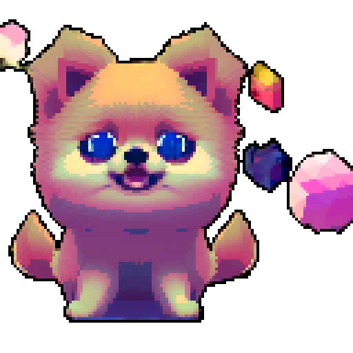 Pomeranian, fluffy, vibrant colors, pixel art, playful expression, lively eyes, tiny paws, animated tail, adorable posture, endearing facial features, intricate pixel details