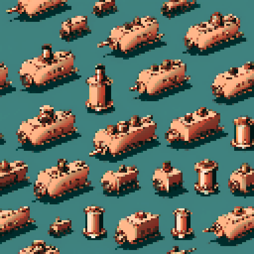 simple, geometrical copper pieces from a tank. Steampunk. It should be seen from the left side with no perspective, on a solid-color background. There should one be two or three pieces in each frame, it shouldn't be complete.