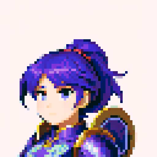 Fire emblem character, intricate armor details, 32x32 pixel art, sRGB, game icon, skill art, close up, portrait, teenage princess, blue ponytail, purple armor, 8 bit