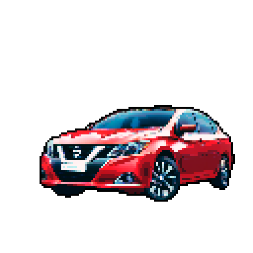 Photorealistic whole Nissan Sylphy, three-quarter view, right front wheel, clean background, sRGB colors, pixel art style
