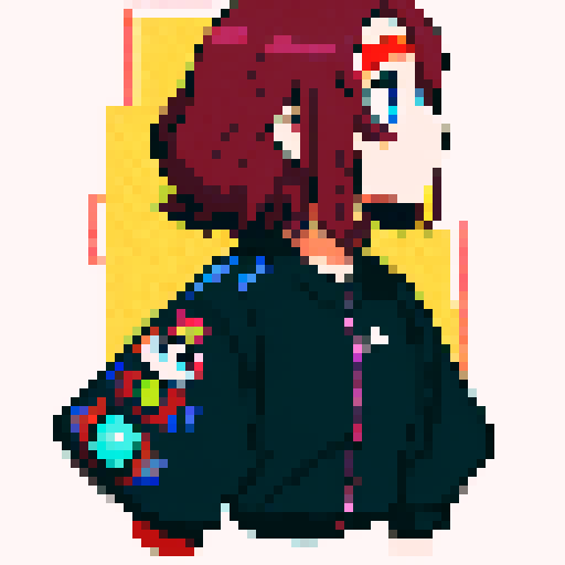 Anime-style profile photo featuring a vibrant-haired character with large, expressive eyes, wearing a pixel art-inspired outfit, against a sRGB background