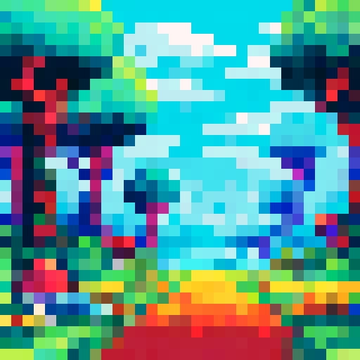 pixel art landscape with tall, vibrant trees, whimsical mushrooms, cozy houses, and colorful flowers