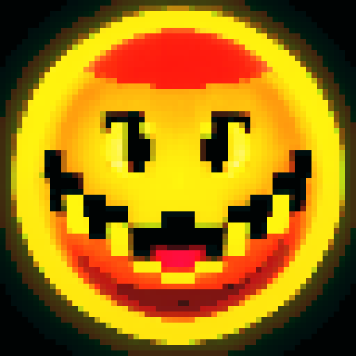 giant spherical yellow head with a toothy mouth and three glowing eyes, retro-style 16-bit, 64x6
