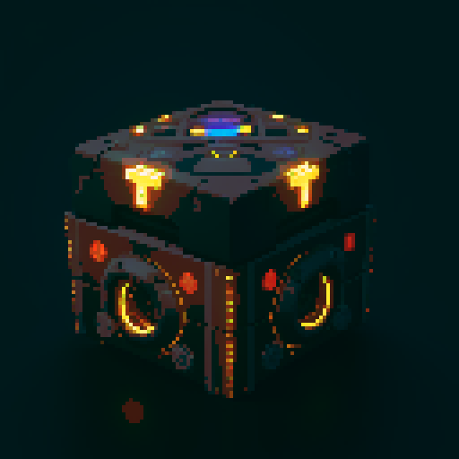 futuristic lootbox, glowing buttons, intricate details, pixel art style