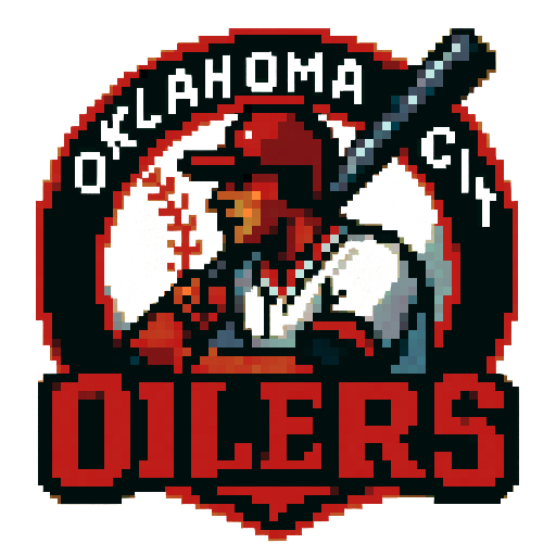 Pixel art of a fictional baseball team called the Oklahoma City Oilers. red, black and white, sharp outlines, and soft pixel shading. The logo design mimics 80s MLB logos. Use a vibrant Sega Genesis 16-bit style with selective dithering, geometric forms, and nostalgic retro charm. Avoid modern gradients—keep it pure pixel art.
