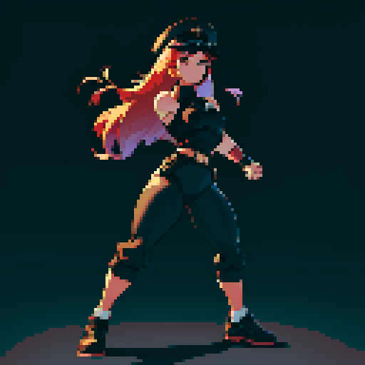 full-body image, muscle girl, female, thick biceps, big shoulders, big fists, muscular physique, thick waist, facing left, ready to fight, exaggerated proportions, black military uniform, black hat, military backdrop, sRGB, pixel art, no background, no backdrop, facing left, fists raised, ready to fight, full-body