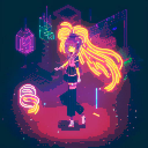 Mage anime girl with flowing hair, fluorescent tattoos, and a glowing staff, navigating through a purple neon-lit night market, vibrant colors, intricate patterns, retro aesthetics, pixel art