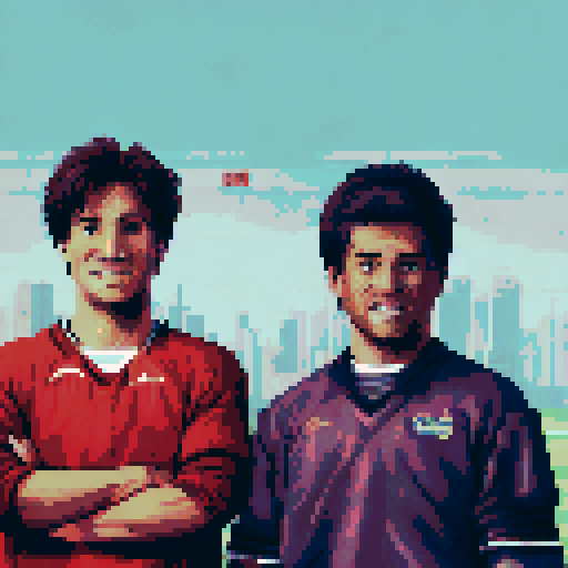 Tecmo Bow Style Football Field, vibrant orange and light blue colors, pixelated grass, goalposts, players in retro uniforms, stadium lights shining, fans cheering, scoreboard displaying the score, sRGB palette, pixel art aesthetic, detailed crowd, dynamic action shots, nostalgic atmosphere