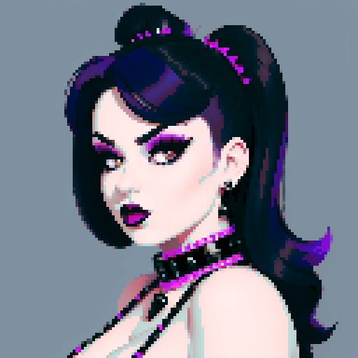 curvy, cute, busty greaser goth girl, with purple hair, black eyeshadow, red lipstick. Very busty wearing bikini, studded collar. Posing in a sexy seductive glamour shot, whole head portrait, avatar photo. vibrant sRGB colors, pixel art, edgy aesthetic