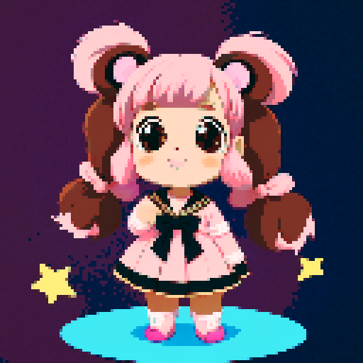 This image features a stylized bear inspired by retro 1995 anime, in a chibi art style. The bear has, expressive black eyes and a cute, brown skin. The hair is styled in long twin pigtails, accented with pink and gold ribbons, matching the color theme of the outfit, which includes a sailor-style collar and a pink bow. This bear has a mascot pose. The background depicts a wild magic night with shining stars and a dark waterfall. This is a typical example of how popular anime characters
