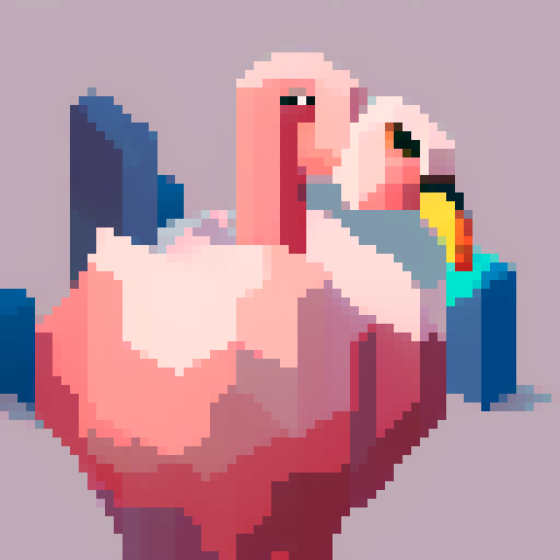 Pink, feathered, slender-necked flamingo standing tall amidst a sea of vibrant colors, rendered in stunning pixel art