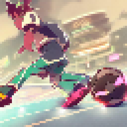 Futuristic anime soccer players with super suits execute lightning-fast dribbling moves and perfect bicycle kicks in a high-tech stadium, surrounded by neon lights and digital scoreboards.