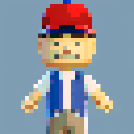 Pixelated school boy, age 10, with a smile on his face, wearing a baseball cap. Looks like Nes from Earthbound