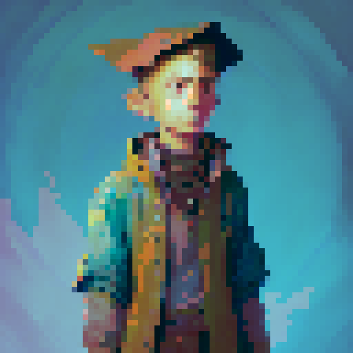 Ragged tunic, dirt-stained hands, and a wooden pitchfork in hand, the young medieval peasant stands in awe of the towering castle, surrounded by lush greenery and a mystical aura