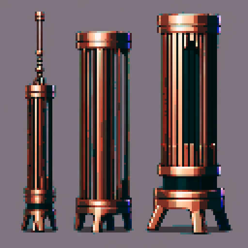 I want a tall vertical copper structure reminiscent of a organ pipe. It should have strange mechanical details that could interlock with each other. I also want this object usable an asset in a videogame, meaning only one object per image, outlined with a strong black stroke, on a solid-color background.