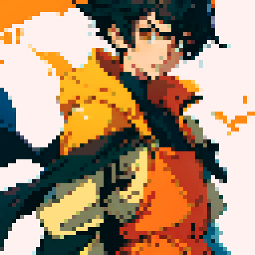  yellow round horns, black hair, short hair, robot joints, off-shoulder cape, arms at sides, standing still,  orange overalls, blank background,1boy, robot hands, robot joints, 
