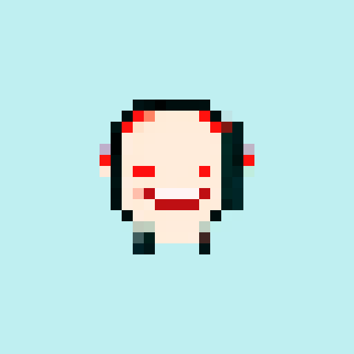 devil, fiery red, horns, sharp teeth, glowing yellow eyes, menacing grin, pixel art, vibrant colors, sRGB
