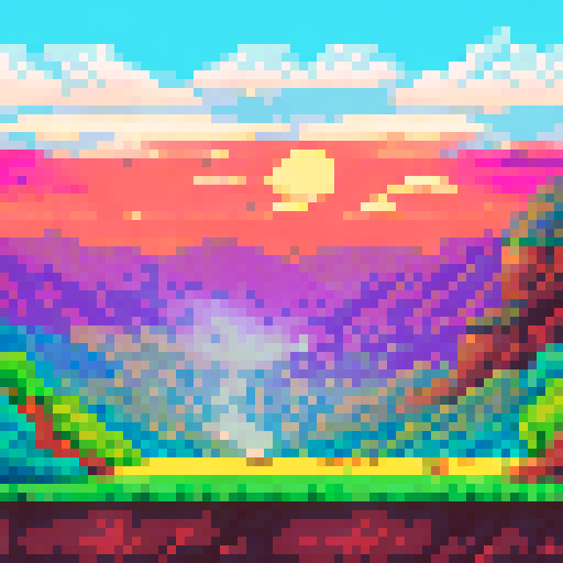 Mountains towering over a vibrant, sun-drenched Anatolian landscape, rendered in pixel art with a sRGB palette