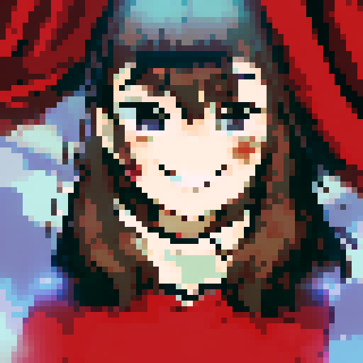 Brown and red-haired girl with a beaming smile framed by billowing blue curtains, captured in a character portrait with close-up details and an anime style, rendered in pixel art