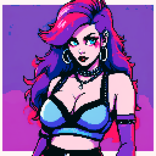 busty greaser goth girl, with long purple hair, blue eyeshadow, red lipstick. wearing bikini, studded collar. Posing for a whole head portrait, avatar photo. vibrant sRGB colors, pixel art, edgy aesthetic