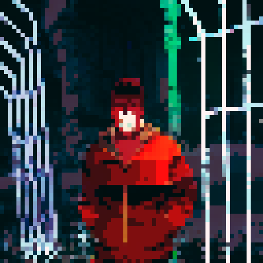 Demon slayer with fiery red hair and piercing green eyes stares fiercely at the viewer in a close-up character portrait, rendered in a vibrant anime style with intricate pixel art details