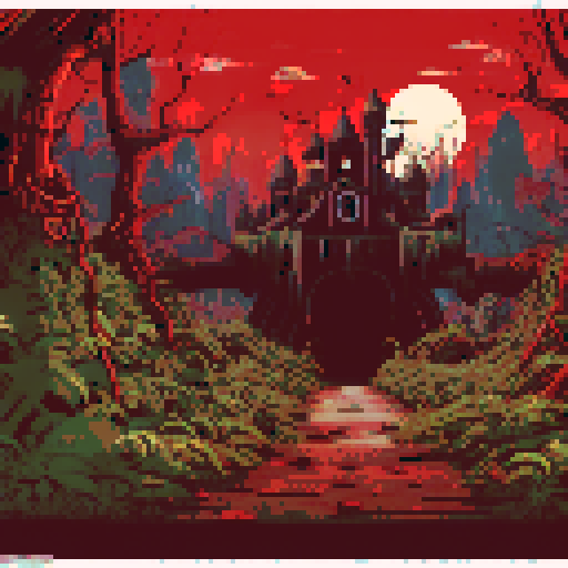 post-apocalyptic scene hidden in the woods, abandoned machinery, rusted pipes, overgrown vines, decaying buildings, shattered windows, eerie silence, nature reclaiming, vibrant pixelated colors, sRGB palette, atmospheric landscape
