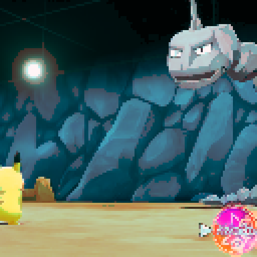 Pixel art landscape with a vibrant color palette, showcasing a Pokemon gym reminiscent of Pewter City's rustic charm