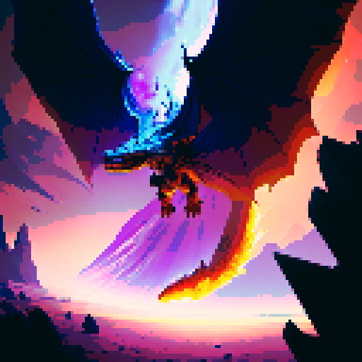 Fiery dragon soaring through a violet sky, scales glinting in the sun, flames spewing from its jaws, ready to incinerate any foes in its path.