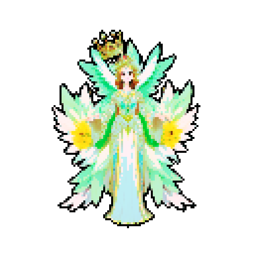 A regal, majestic creature with a crown of flowers, large wings, and a gown made of petals. It has a commanding presence and glowing eyes, radiating an aura of elegance and authority. No background.
