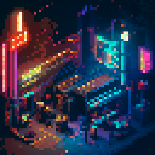 Create a pixel art 16 bit illustration of a cyberpunk bar with a detailed bar counter. The scene should have a side-scroll perspective, capturing the bustling atmosphere typical of 2D games. Make sure to include neon lights, futuristic decor, and characters interacting within the bar. The image should have a trendy and stylish aesthetic, reflecting the vibrant and edgy nature of the cyberpunk genre.