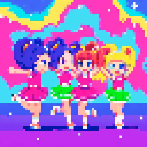kawaii cheerleaders, pigtail hair, galaxy in the sky, meat background, neon colors