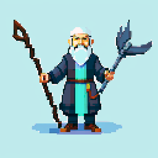 old raven-like druid with grey beard, with staff in hand