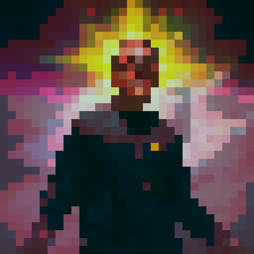 portrait, rendered in vibrant colors and exaggerated shading, surrounded by swirling flames and smoke, filling the 32x32 pixel canvas with dynamic energy and intensity