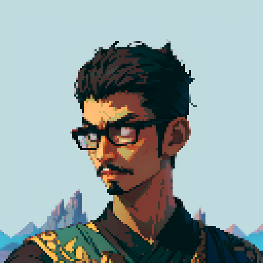 Southeast Asian man, short curly hair, round glasses, tanned, goatee, diamond shaped face, Wearing a black cloaks