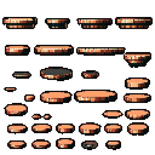 I want a horizontally wide circular copper platform. I want this object usable an asset in a videogame, meaning only one object per image, outlined with a strong black stroke, on a solid-color background. 